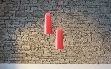 Tuğla duvar iç dizaynı ev, ofis, otel ve yatak odası için modern lamba. 3B illüstrasyon