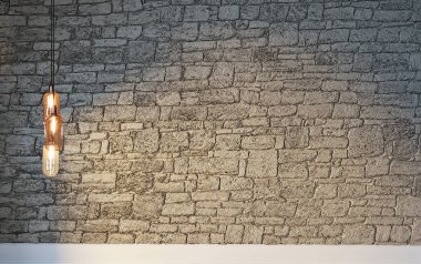 Tuğla duvar iç dizaynı ev, ofis, otel ve yatak odası için modern lamba. 3B illüstrasyon