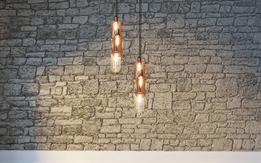 Tuğla duvar iç dizaynı ev, ofis, otel ve yatak odası için modern lamba. 3B illüstrasyon