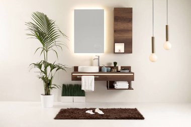 Temiz banyo stili, dekoratif tasarım, ahşap dolaplar.