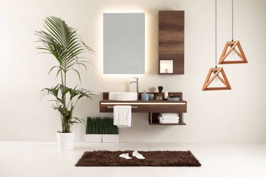 Temiz banyo stili, dekoratif tasarım, ahşap dolaplar.