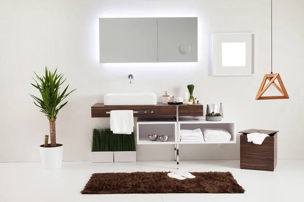 清洁的浴室风格和室内装饰设计 木制橱柜 — 图库照片
