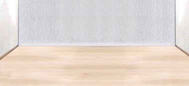 Ahşap zemini ve dekoratif taş duvarı olan boş bir iç tasarım. 3B illüstrasyon