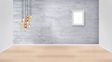 Yeni boş oturma odası iç dekorasyon ahşap zemin, taş duvar konsepti. Ev, ofis ve otel için dekoratif arka plan. 3B illüstrasyon