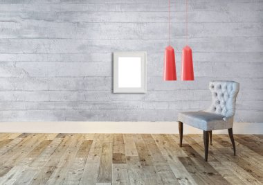 Ahşap zemini ve dekoratif taş duvarı olan boş bir iç tasarım. 3B illüstrasyon