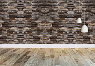 Ahşap zemini ve dekoratif taş duvarı olan boş bir iç tasarım. 3B illüstrasyon