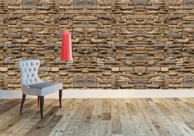 Parlak boş iç tasarım, taş duvar. 3B illüstrasyon