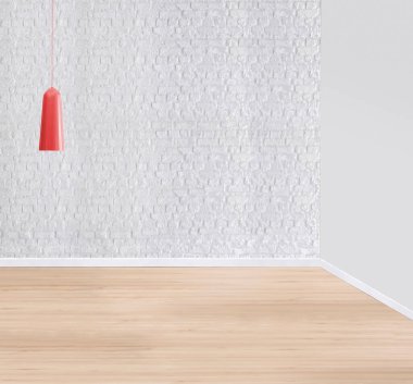 Yeni boş oturma odası iç dekorasyon ahşap zemin, taş duvar konsepti. Ev, ofis ve otel için dekoratif arka plan. 3B illüstrasyon