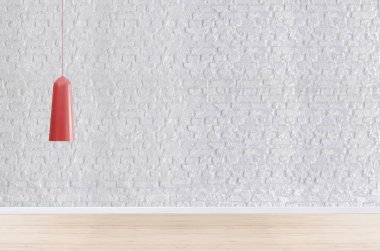 Yeni boş oturma odası iç dekorasyon ahşap zemin, taş duvar konsepti. Ev, ofis ve otel için dekoratif arka plan. 3B illüstrasyon