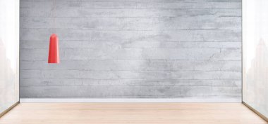 Yeni boş oturma odası iç dekorasyon ahşap zemin, taş duvar konsepti. Ev, ofis ve otel için dekoratif arka plan. 3B illüstrasyon