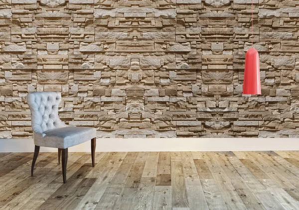 new empty living room interior decoration wooden floor, stone wall concept. decorative background for home, office and hotel. 3D illustration