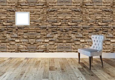 Boş oturma odası dekorasyonu modern lamba ve ahşap zemin, taş duvar konsepti. Ev, ofis, otel için dekoratif arka plan. 3B illüstrasyon