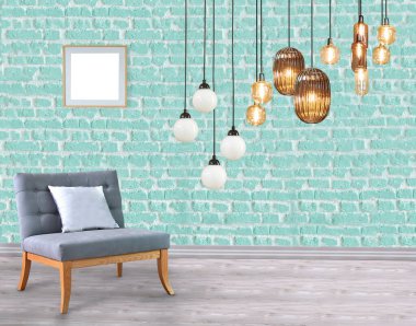 Ahşap zemini ve dekoratif taş duvarı olan boş bir iç tasarım. 3B illüstrasyon