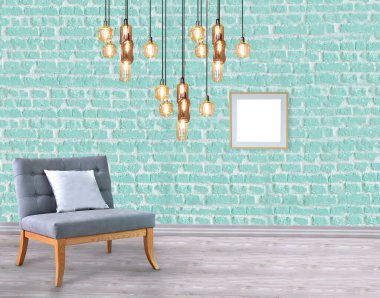 Ahşap zemini ve dekoratif taş duvarı olan boş bir iç tasarım. 3B illüstrasyon