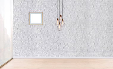 Ahşap zemini ve dekoratif taş duvarı olan boş bir iç tasarım. 3B illüstrasyon