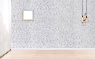 Ahşap zemini ve dekoratif taş duvarı olan boş bir iç tasarım. 3B illüstrasyon