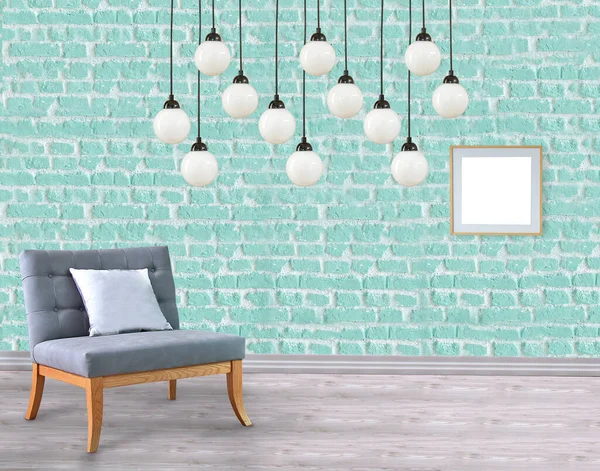 empty house interior design and lamp on green stone brick wall. 3D illustration
