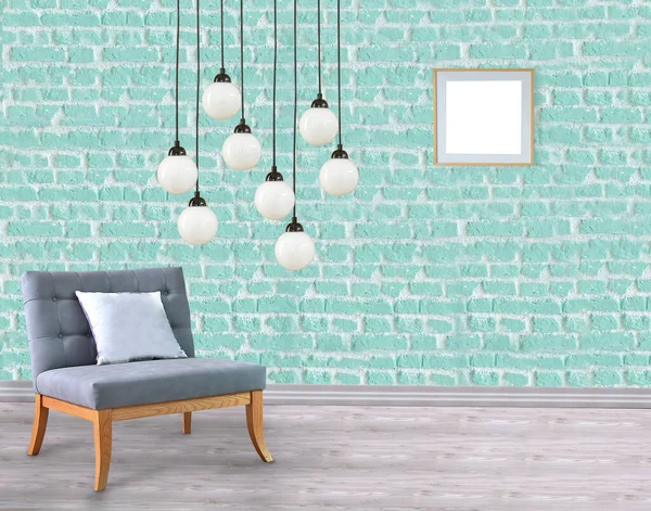 empty house interior design and lamp on green stone brick wall. 3D illustration