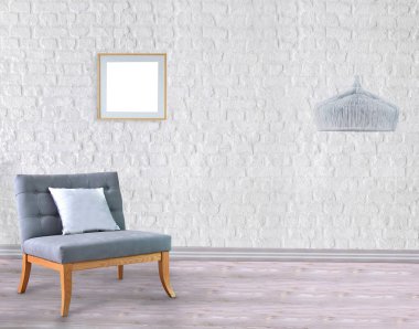 Boş oda ve gri koltuk iç tasarımı. 3B illüstrasyon