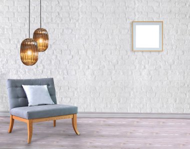 Boş oda ve gri koltuk iç tasarımı. 3B illüstrasyon