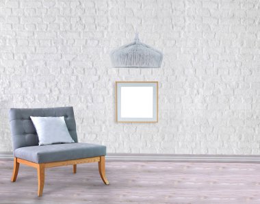 Boş oda ve gri koltuk iç tasarımı. 3B illüstrasyon