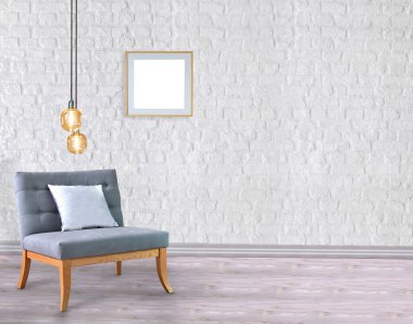 Boş oda ve gri koltuk iç tasarımı. 3B illüstrasyon