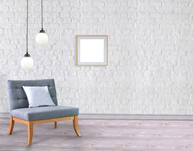 Boş oda ve gri koltuk iç tasarımı. 3B illüstrasyon