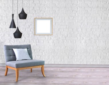 Boş oda ve gri koltuk iç tasarımı. 3B illüstrasyon