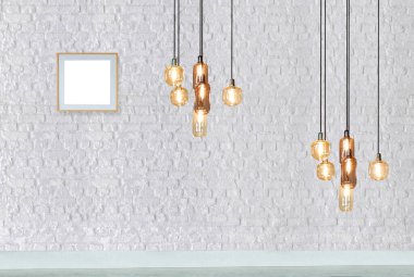 stone wall designed with empty living room and hanging lamp