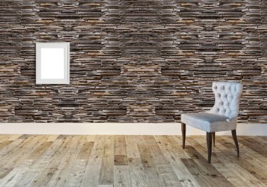 Yeni boş oturma odası iç dekorasyon ahşap zemin, taş duvar konsepti. Ev, ofis ve otel için dekoratif arka plan. 3B illüstrasyon