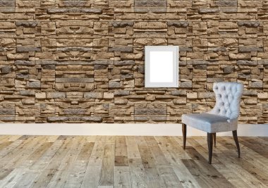 Yeni boş oturma odası iç dekorasyon ahşap zemin, taş duvar konsepti. Ev, ofis ve otel için dekoratif arka plan. 3B illüstrasyon