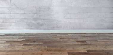 Yeni boş oturma odası iç dekorasyon ahşap zemin, taş duvar konsepti. Ev, ofis ve otel için dekoratif arka plan. 3B illüstrasyon