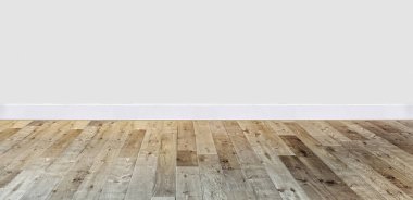 Ahşap zemini ve dekoratif taş duvarı olan boş bir iç tasarım. 3B illüstrasyon