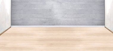 Parlak boş iç tasarım, taş duvar. 3B illüstrasyon