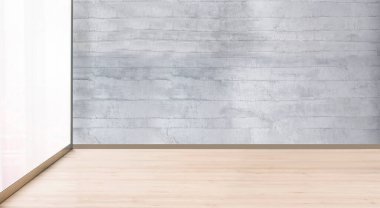 Boş oturma odası dekorasyonu modern lamba ve ahşap zemin, taş duvar konsepti. Ev, ofis, otel için dekoratif arka plan. 3B illüstrasyon