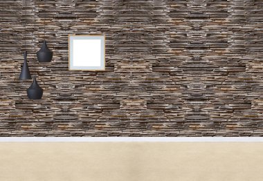 Boş oda içi beton duvar ve ahşap zemin, modern lamba.