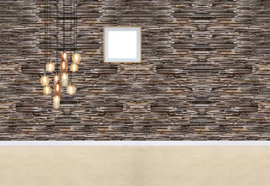 Boş oda içi beton duvar ve ahşap zemin, modern lamba.