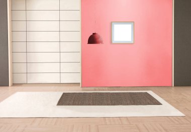 Boş oturma odası iç dekorasyon ahşap zemin, taş duvar konsepti. Ev, ofis ve otel için dekoratif arka plan