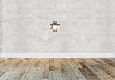 Parlak boş iç tasarım, taş duvar. 3B illüstrasyon