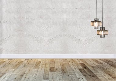 Parlak boş iç tasarım, taş duvar. 3B illüstrasyon