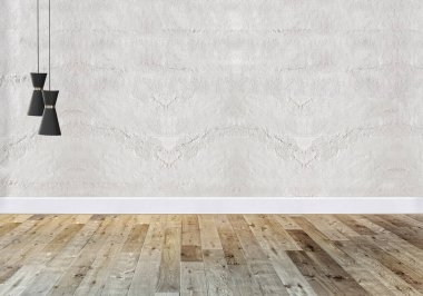 Parlak boş iç tasarım, taş duvar. 3B illüstrasyon