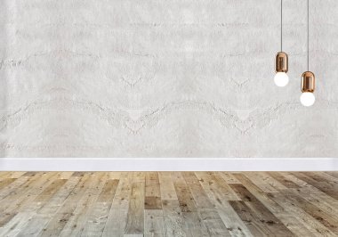 Parlak boş iç tasarım, taş duvar. 3B illüstrasyon