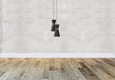 Parlak boş iç tasarım, taş duvar. 3B illüstrasyon