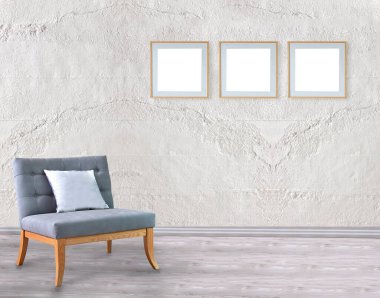 Yeni boş oturma odası iç dekorasyon ahşap zemin, taş duvar konsepti. Ev, ofis ve otel için dekoratif arka plan. 3B illüstrasyon