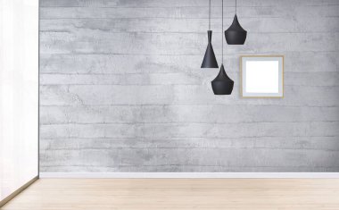 Yeni boş oturma odası iç dekorasyon ahşap zemin, taş duvar konsepti. Ev, ofis ve otel için dekoratif arka plan. 3B illüstrasyon