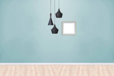 Boş oturma odası dekorasyonu modern lamba ve ahşap zemin, taş duvar konsepti. Ev, ofis, otel için dekoratif arka plan. 3B illüstrasyon