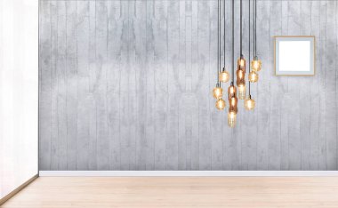 Boş oturma odası dekorasyonu modern lamba ve ahşap zemin, taş duvar konsepti. Ev, ofis, otel için dekoratif arka plan. 3B illüstrasyon