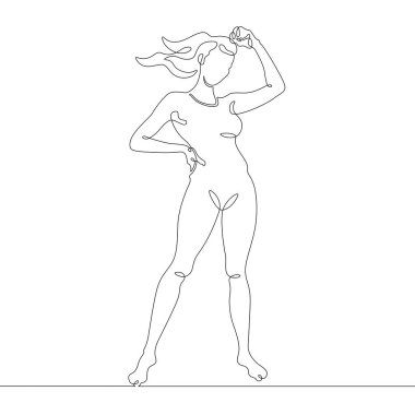 Sürekli bir replik. Spor giyim bölümünde yoga antrenmanı yapan genç bir kadın. Bir sürekli çizim çizimi logosu en az illüstrasyonla izole edilmiş.