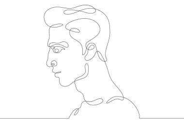 Devamlı bir çizgi. Genç adam yüz profili portresi. Bir sürekli çizim logosu izole edilmiş asgari çizim..