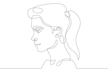 Devamlı bir çizgi. Genç bir kadın yüz profili portresi. İlüet hatlı kız. Bir sürekli çizim çizimi logosu asgari illüstrasyon..